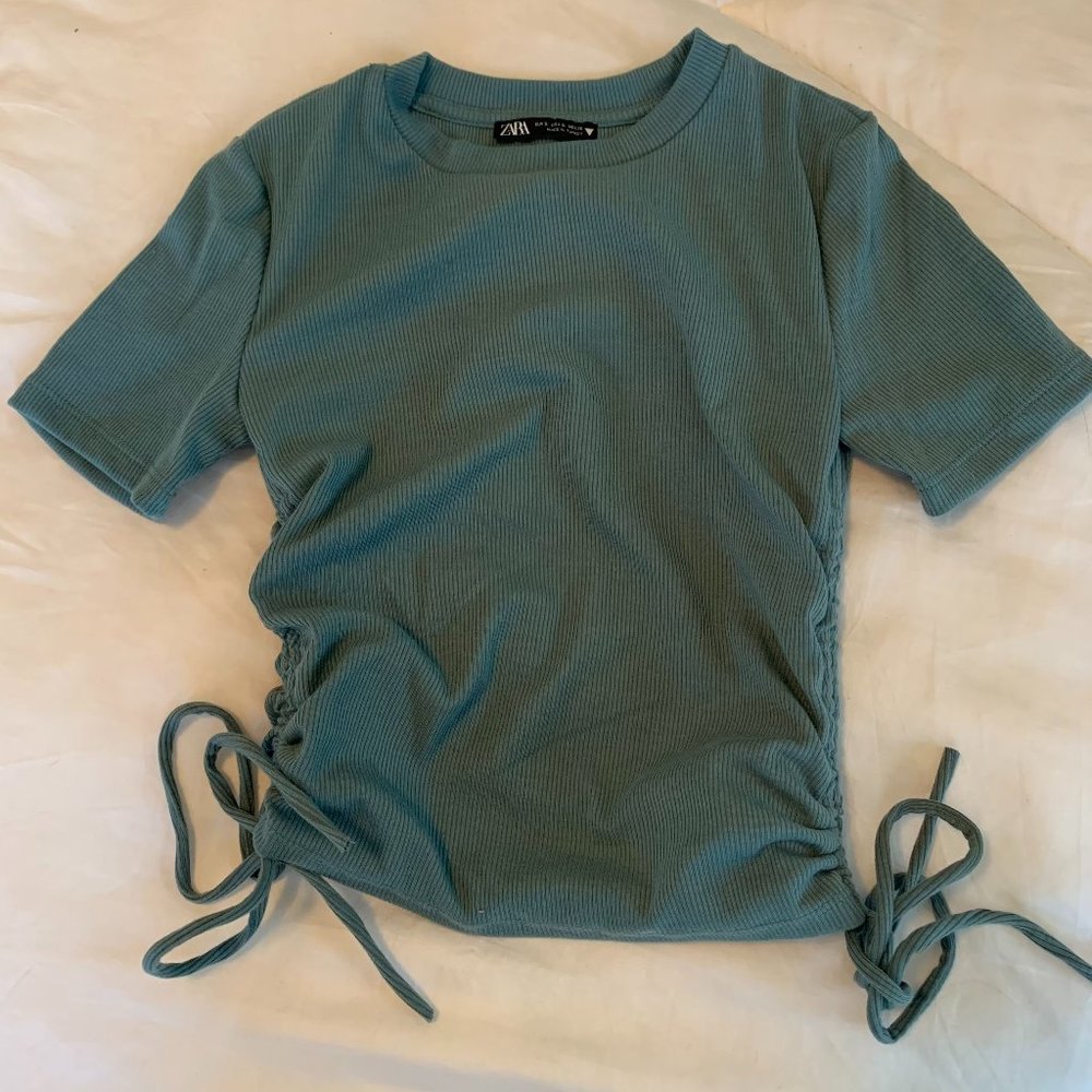NWOT✨ Zara Seafoam/Green Side Tie Short Sleeve Top